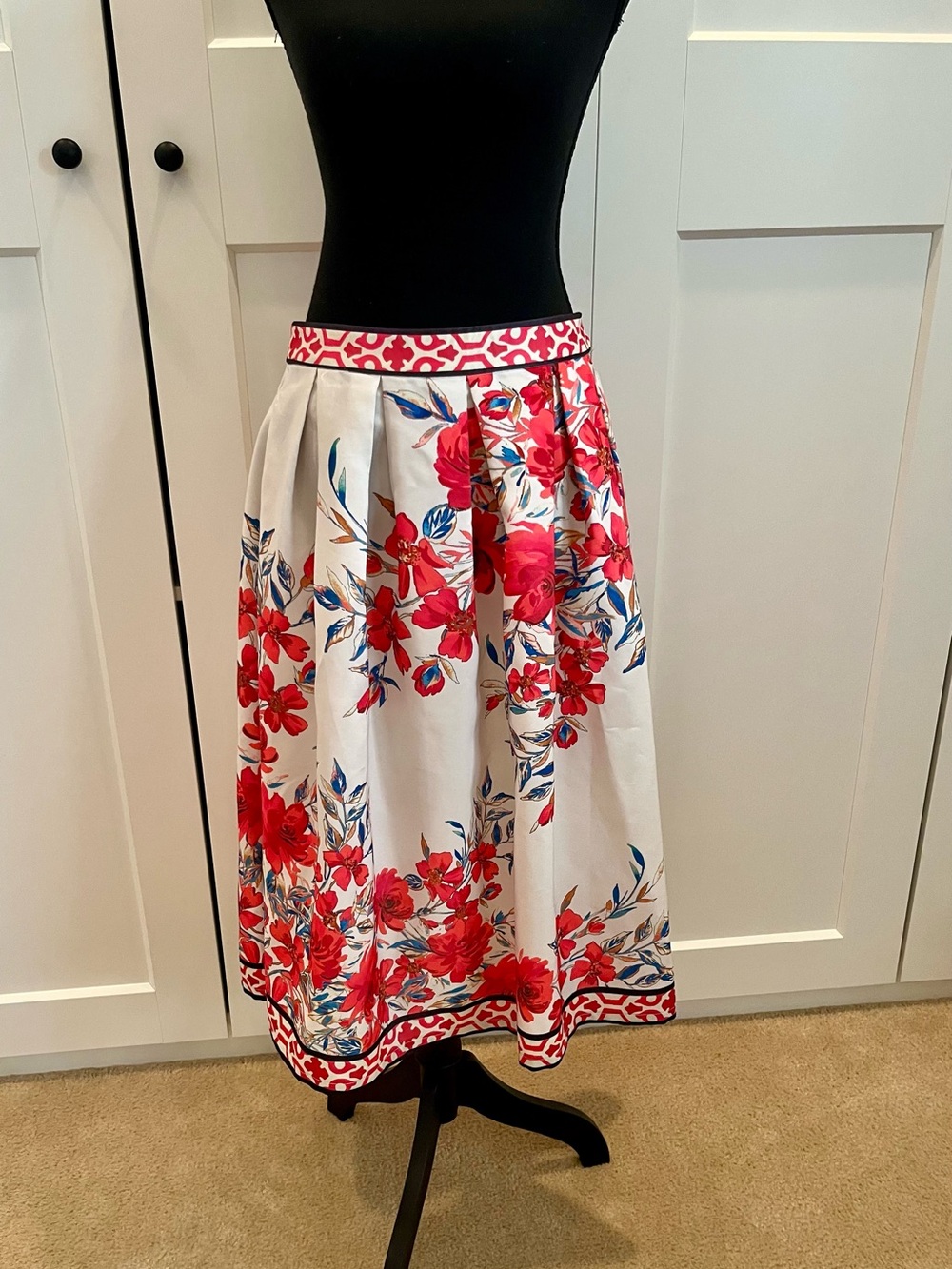 Flying Tomato White Midi Skirt with Red & Blue Floral Print Floral Feminine Midi